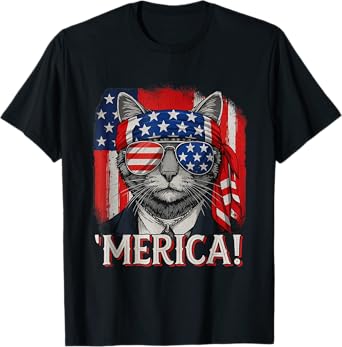Cat 4th Of July Merica Kitten Boys Men Women American Flag T-Shirt