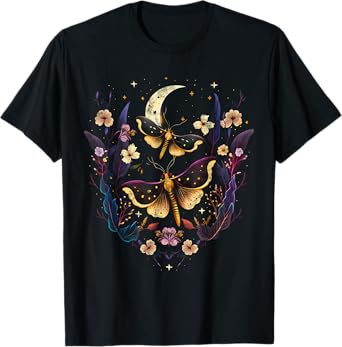 Moths with moon, flowers, butterfly, Wicca, goth, night T-Shirt