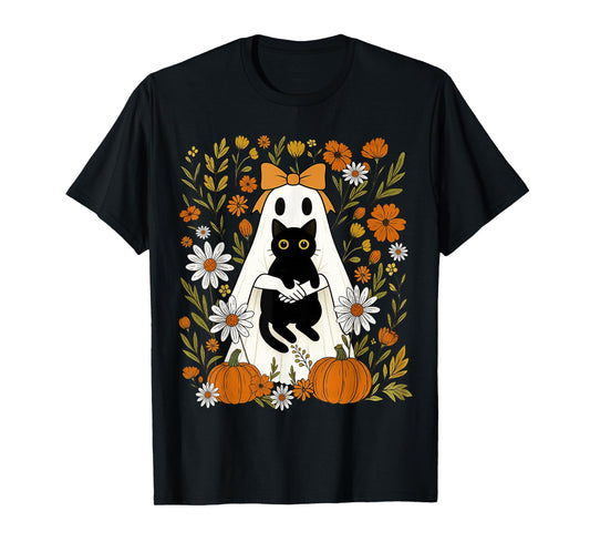 Coquette Ghost Holding Black Cat Autumn Pumpkin Halloween T-Shirt