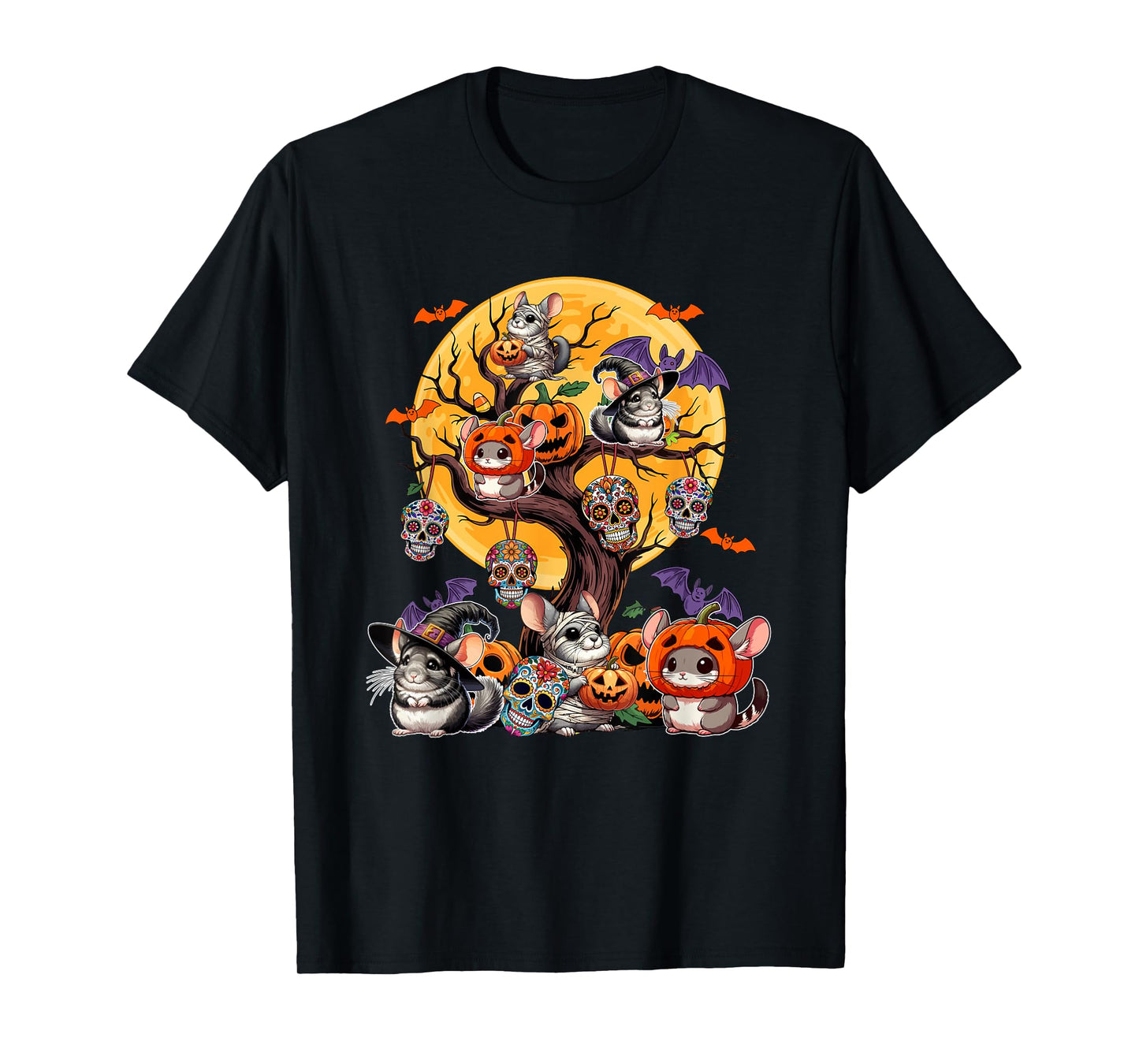 Group Chinchillas As Witch Mummy Halloween Pumpkins On Tree T-Shirt