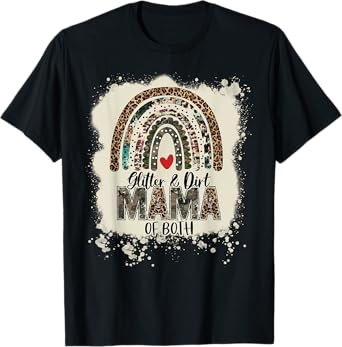Glitter & Dirt Mama Of Both Leopard Camo Rainbow Bleached T-Shirt