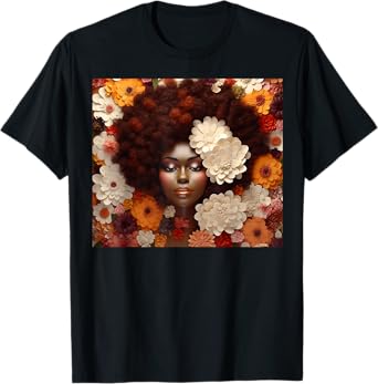 Afro Woman Floral Black Queen Puff Art Melanin Orange White T-Shirt