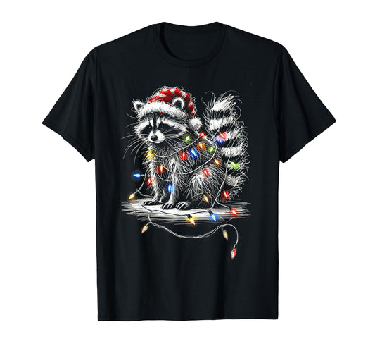 Funny Raccoon Santa Hat Christmas Tree Lights Pajama T-Shirt