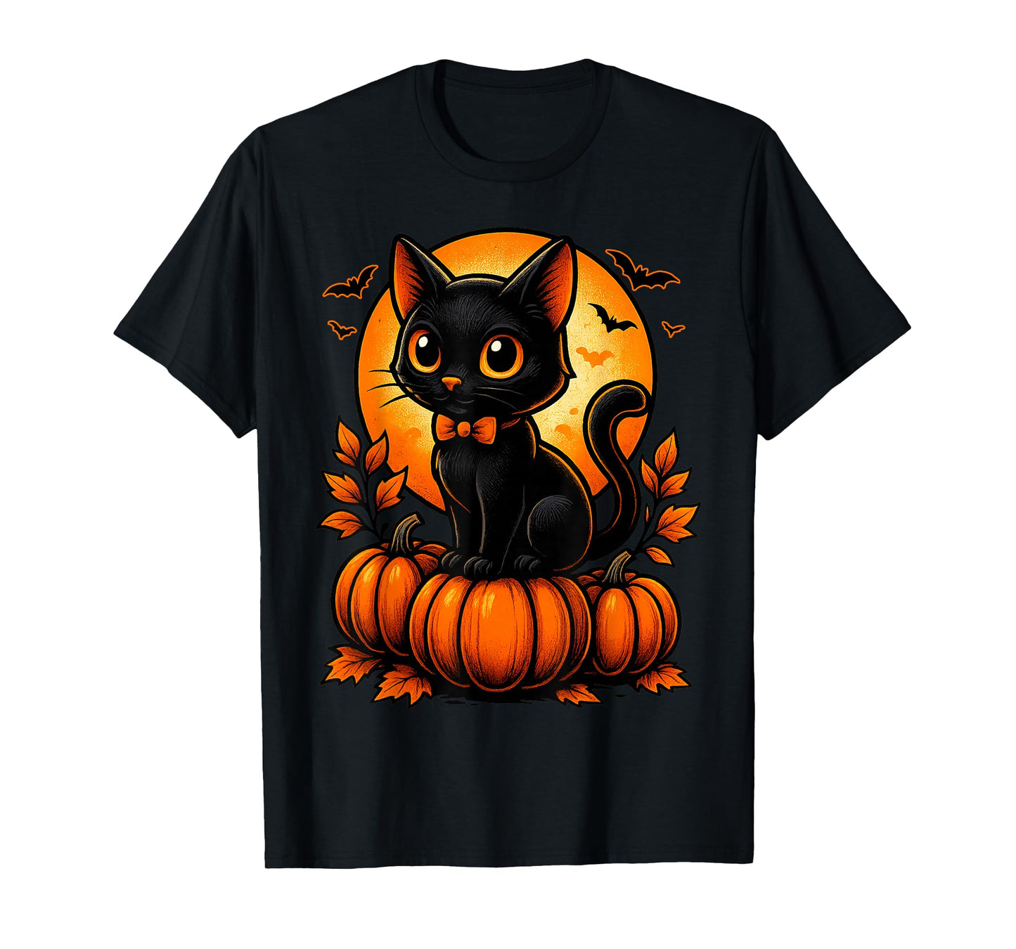 Retro Black Cat Halloween Pumpkin Costume for Women Men Kids T-Shirt
