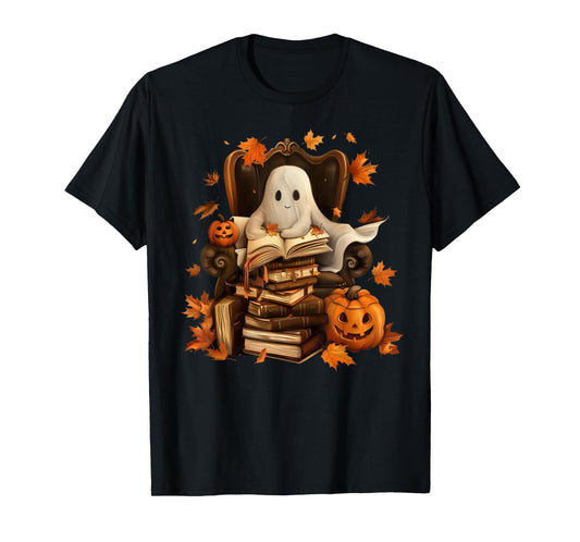 Vintage Ghost Book Reading Pumpkin Gothic Halloween Teachers T-Shirt