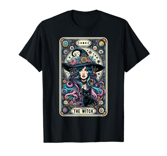 The Witch Cat Tarot Card Witch Vintage Gothic Halloween T-Shirt for Men Women Kids