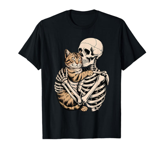 Skeleton Hugging Cat Halloween Funny Cat Lover Cat Mom Dad T-Shirt