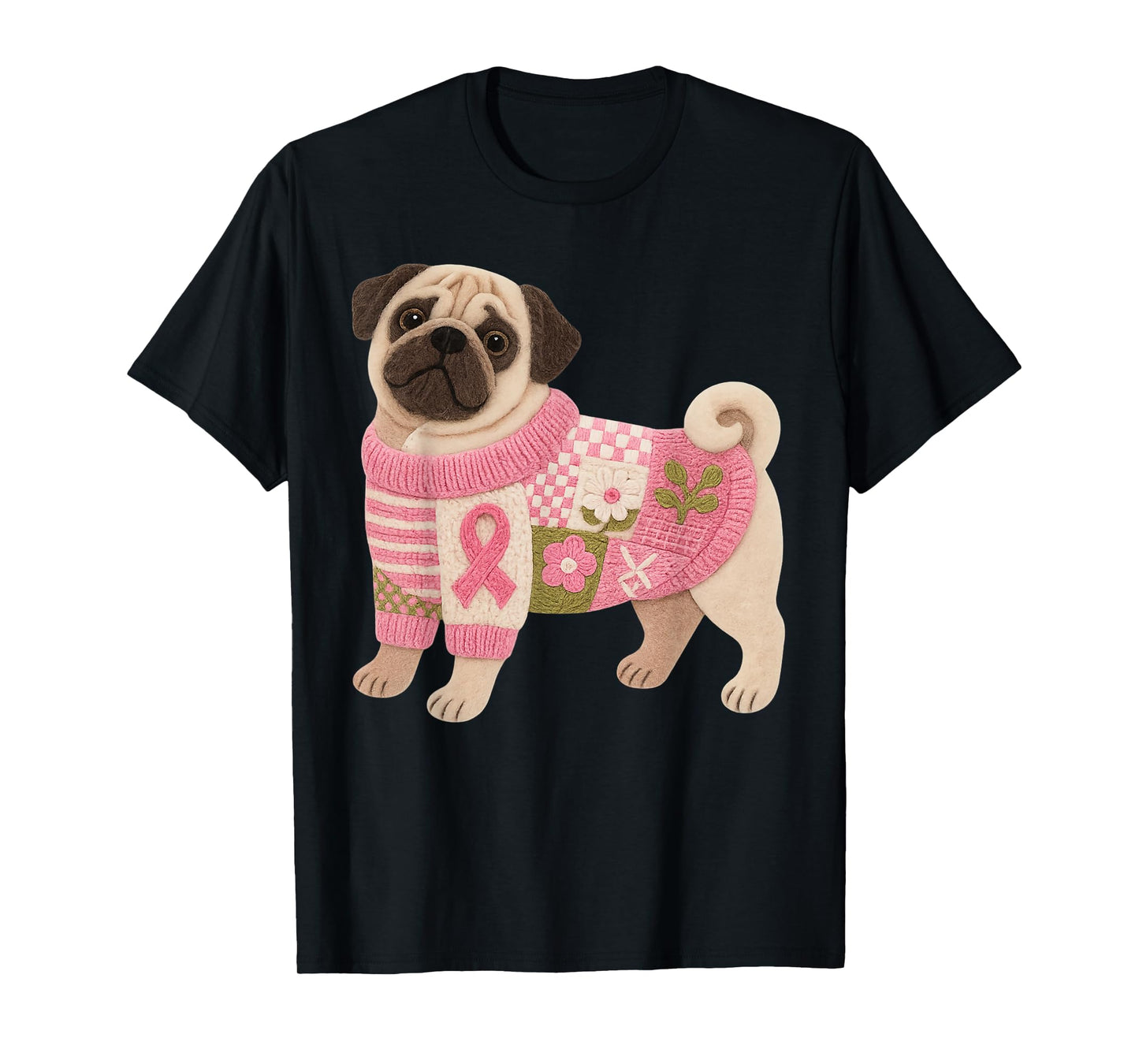 Pug Dog Pink Ribbon Breast Cancer Pattern Felt Art T-Shirt