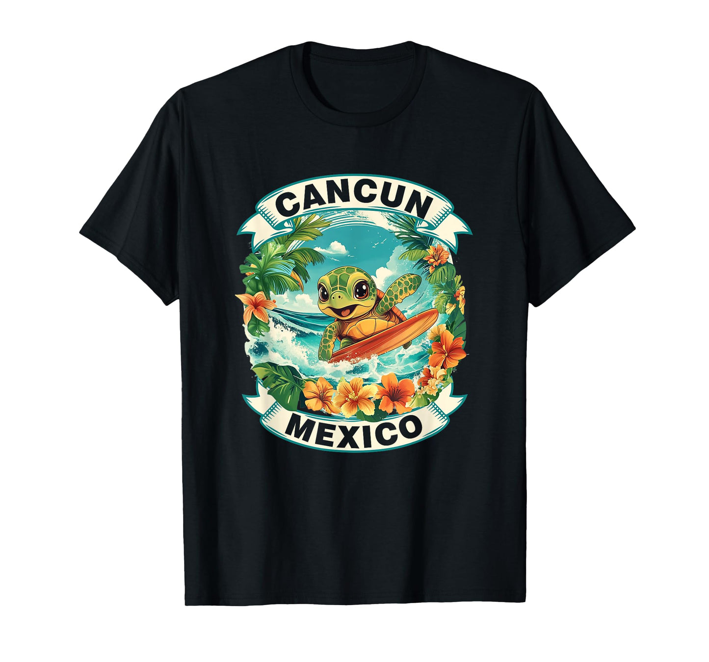 Cancun Mexico Cute Sea Turtle Surfing Summer Vacation T-Shirt