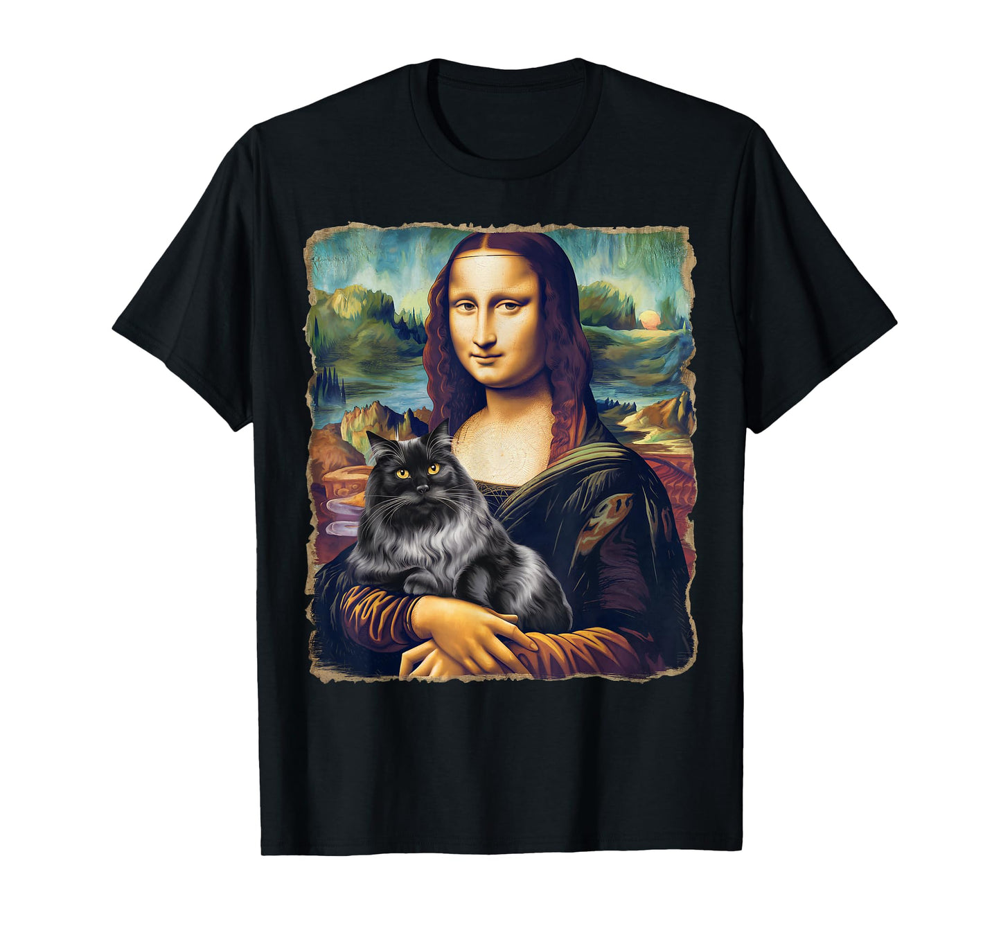 Black Cat Art Painting Apparel Gifts Graphic Tees Mona Lisa Cat Art Funny T-Shirt for Cat Lovers, Unisex-Adults, Kids, Black, Small, Short Sleeve, T-Shirt