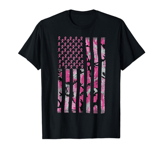Breast Cancer Awareness Camo Pink Ribbon American Flag T-Shirt