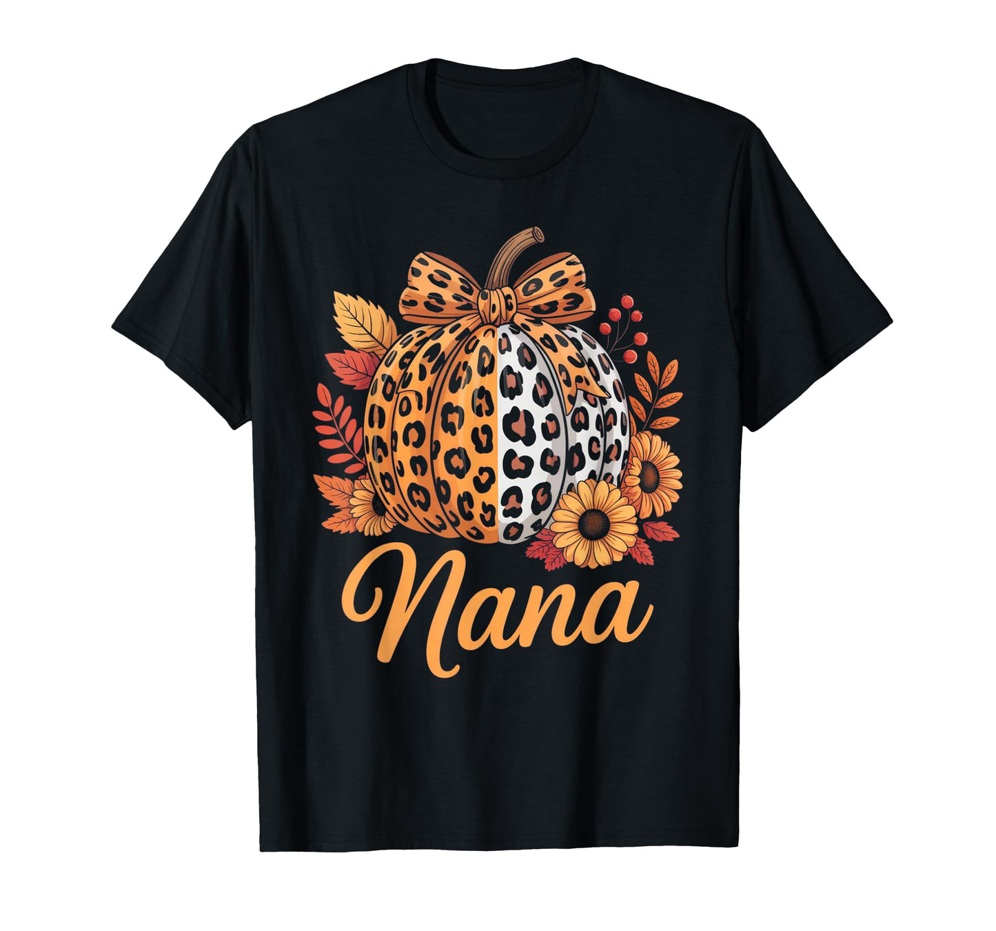 Nana Thanksgiving Leopard Pumpkin Sunflower Coquette Bow Tee T-Shirt