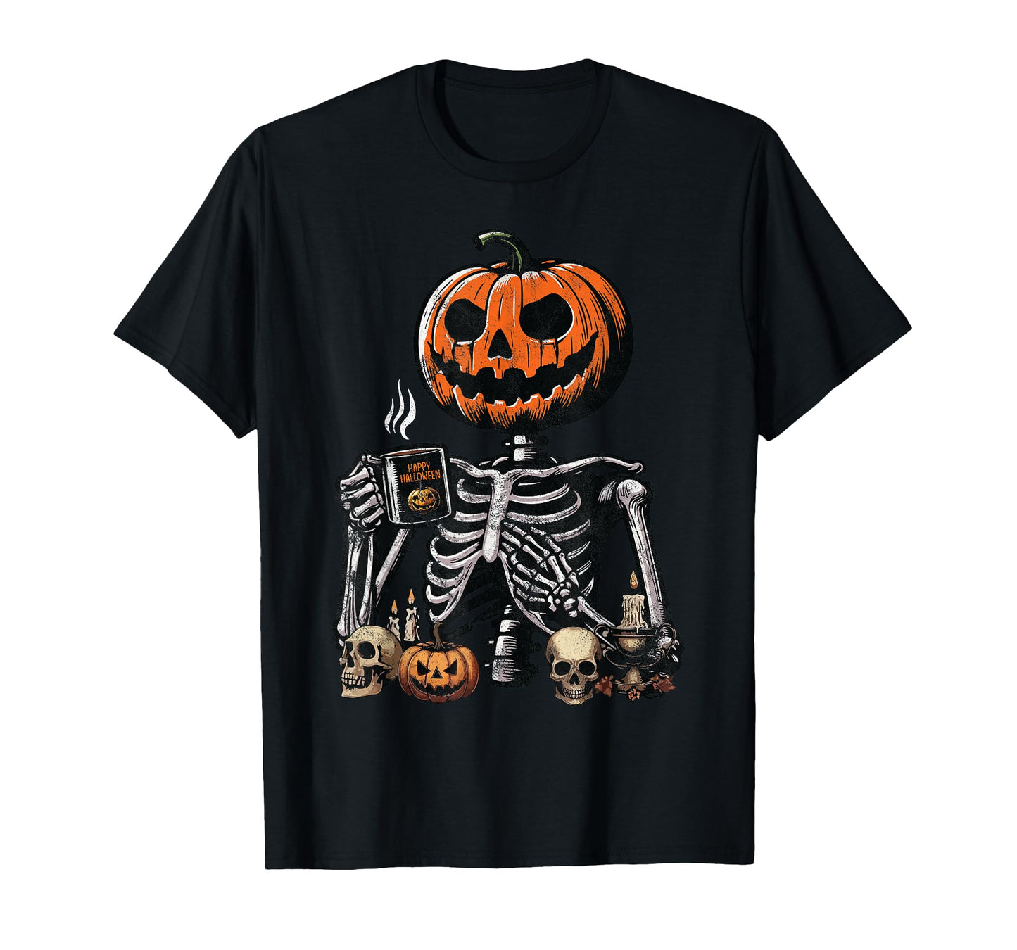 Skeleton Pumpkin Coffee Drinking Funny Halloween Costume T-Shirt