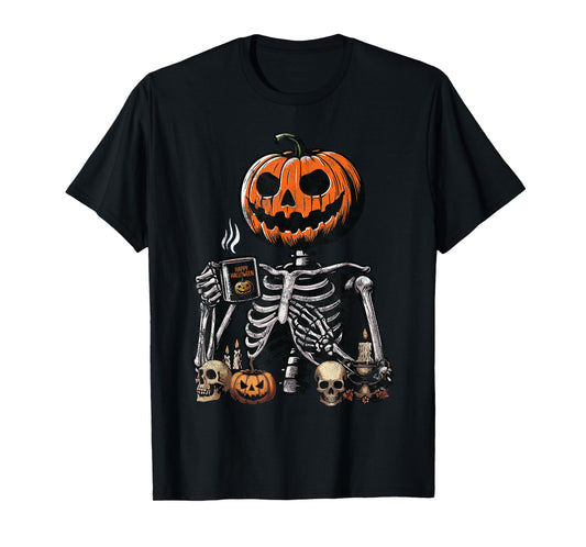 Skeleton Pumpkin Coffee Drinking Funny Halloween Costume T-Shirt