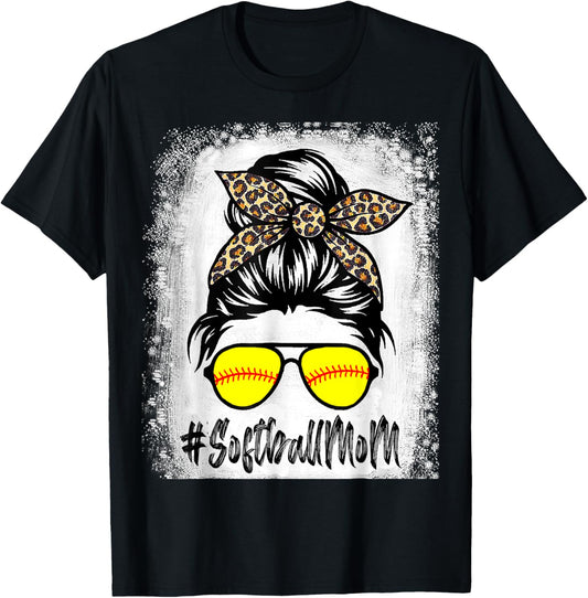 Bleached Softball Mom Life With Leopard and Messy Bun Player T-Shirt