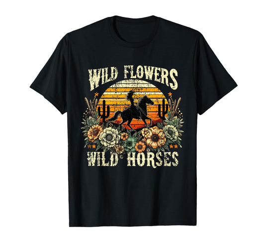 Retro Cowgirl Wild Flowers - Wild Horses Vintage Style T-Shirt