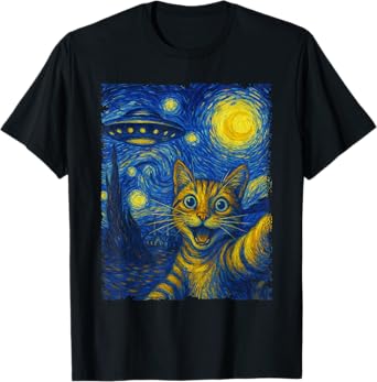 Cat Selfie With Alien UFO Funny Starry Night Van Gogh T-Shirt