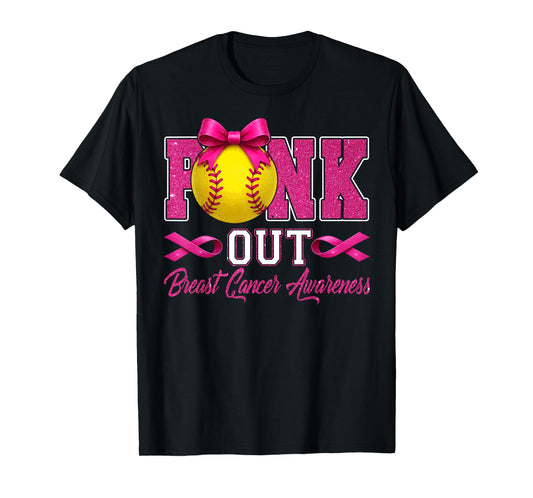 Pink Out Breast Cancer Awareness Coquette Bow & Softball T-Shirt