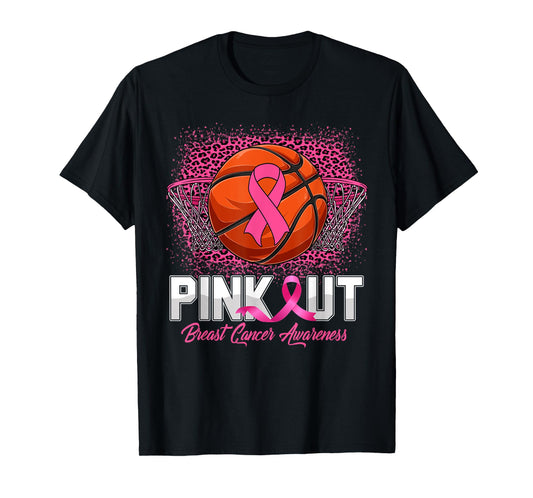 Pink Out Breast Cancer Awareness Basketball Leopard Bleached T-Shirt
