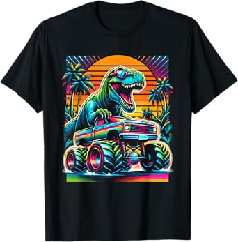 Vintage Animal Funny Apparel Dinosaurs Driving Monster Truck T-Shirt