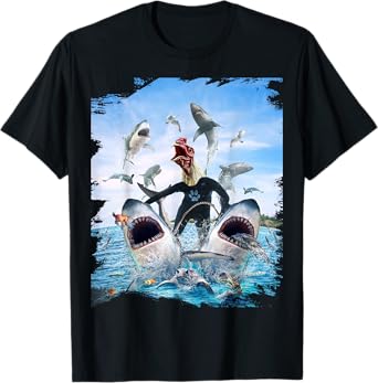 Chicken Riding Shark Sharks At Beach Ocean Funny T-Shirt