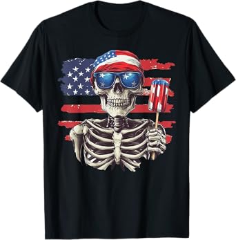 American Flag Skull Skeleton 4th Of July Shirt For Men Women T-Shirt