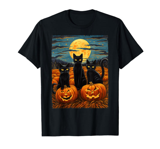 Black Cat Halloween Cat Lovers Starry Night Cat Van Gogh Cat T-Shirt
