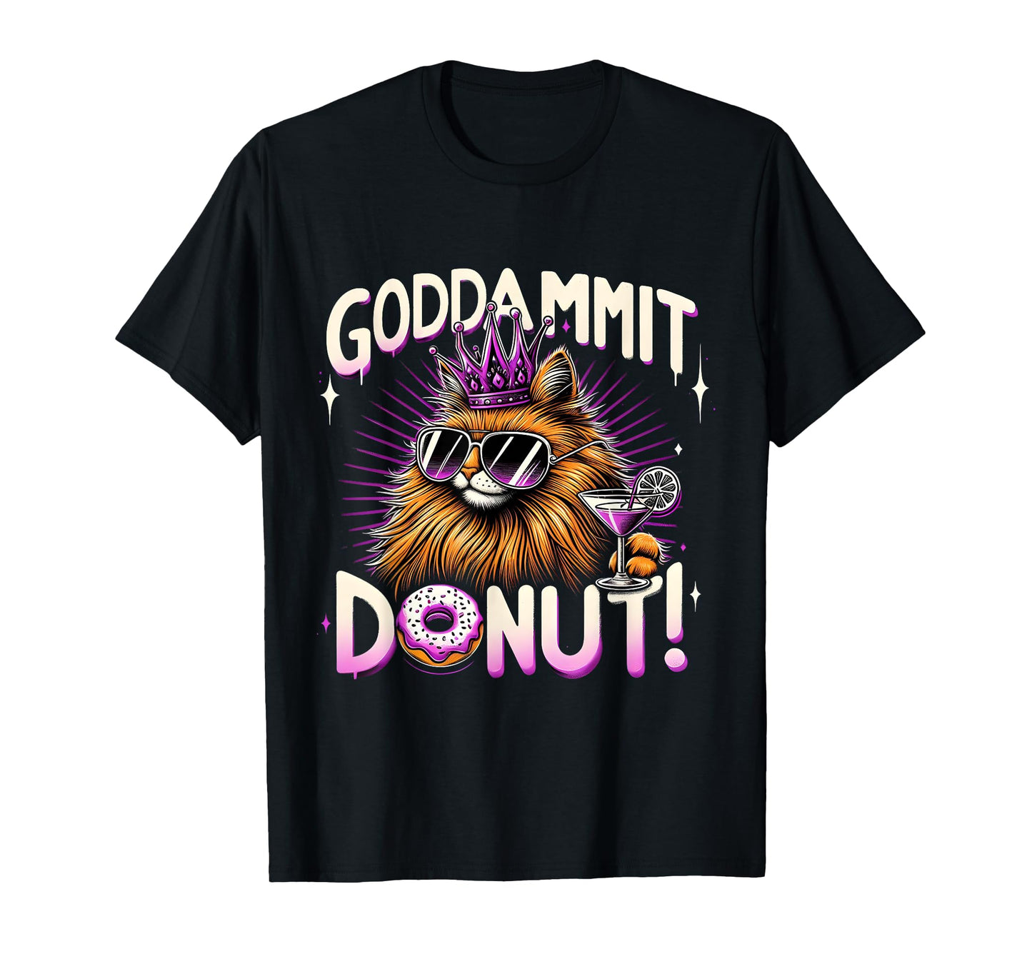 Funny Cool Cat Crown Donut Drink Retro Graphic Design T-Shirt