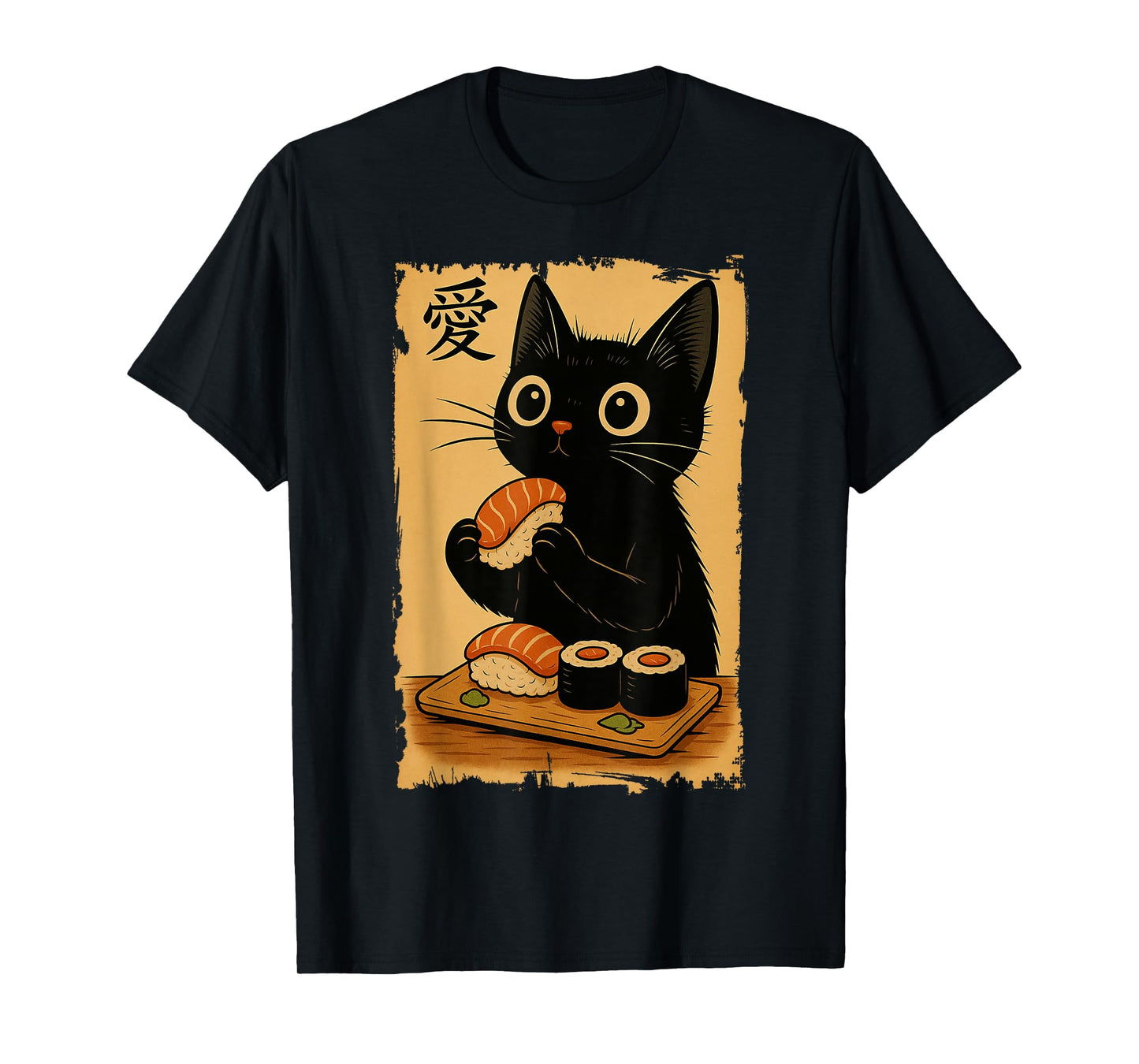 Cute Kawaii Black Cat Eating Sushi Funny Japanese Black Cat T-Shirt