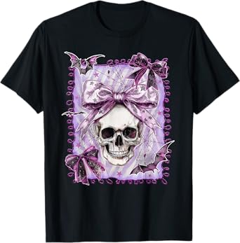Coquette Bow Skull Skeleton Spooky Season Halloween Funny T-Shirt