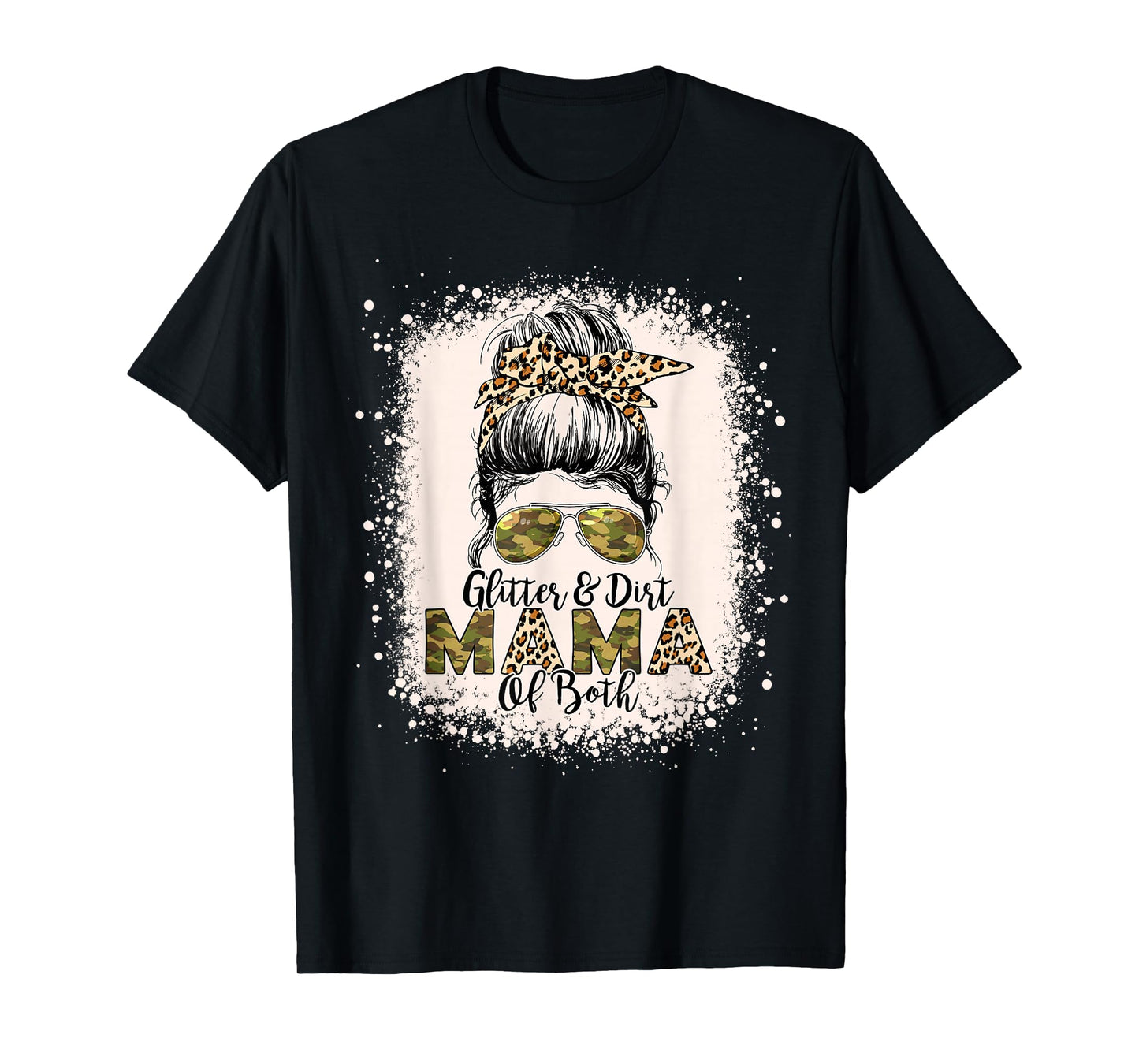 Glitter & Dirt Mama Of Both Leopard Camo Messy Bun Bleached T-Shirt