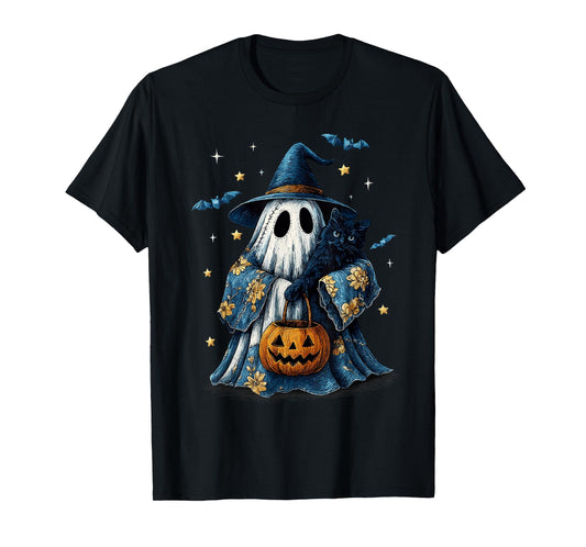 Vintage Halloween Ghost Holding Black Cat Groovy Floral T-Shirt