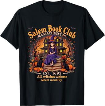 Bookish Spooky Halloween Vintage Salem Book Club Black Cat T-Shirt