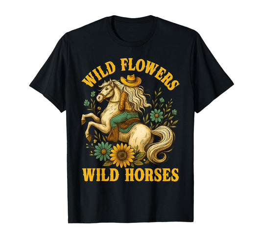 Flowers Wild Horses Cowgirl Western Vintage Gifts Women Girl T-Shirt
