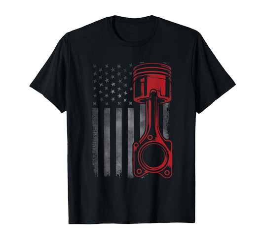 Vintage Piston Funny Muscle Car Mechanic Flag USA Patriotic T-Shirt