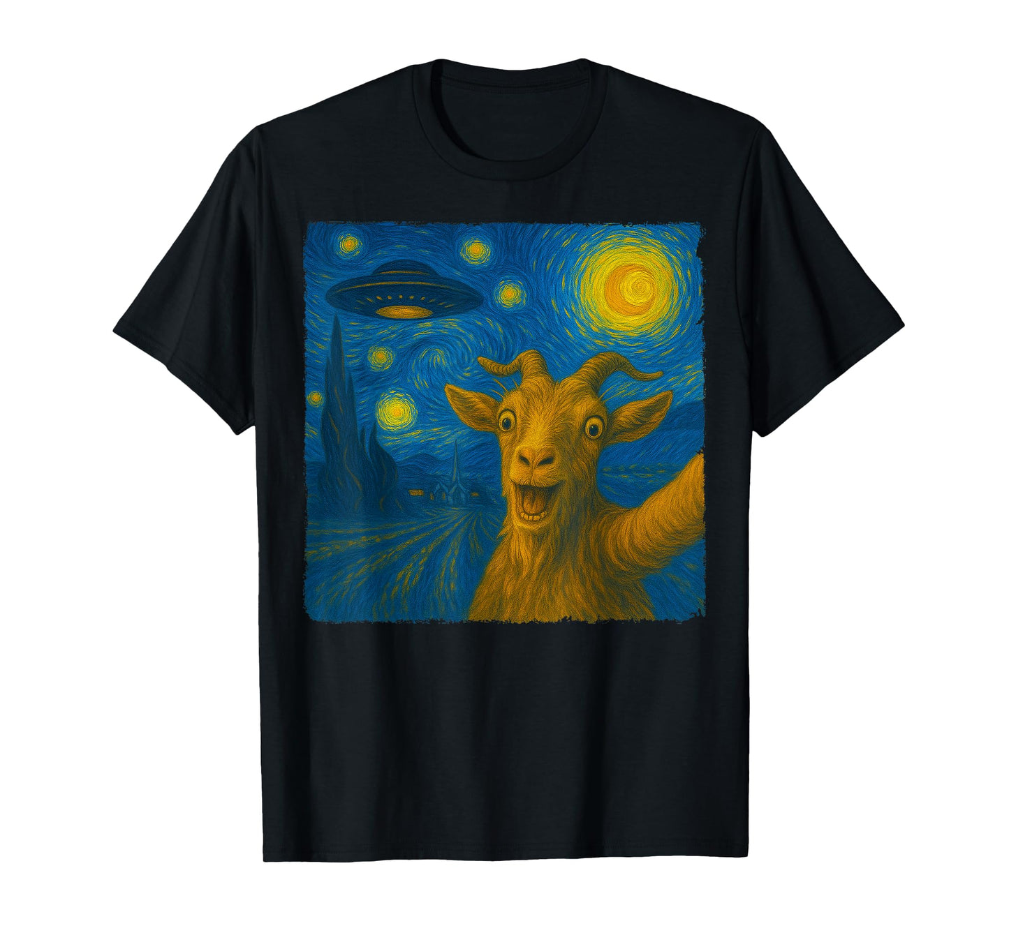 Goat Selfie with UFO Starry Night Van Gogh Art Men Women Kid T-Shirt