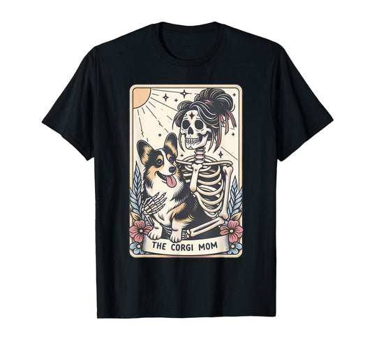Vintage The Corgi Mom Tarot Card Skeleton Spooky Halloween T-Shirt