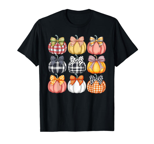 Coquette Bow Pumpkin Season Autumn Fall Leaves Thanksgiving T-Shirt