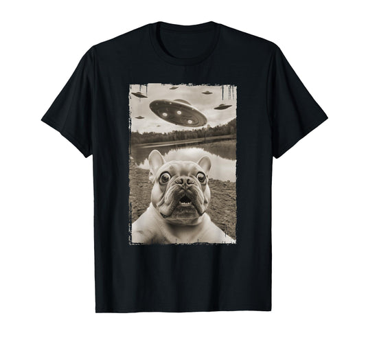 French Bulldog and UFO - Funny UFO and French Bulldog Selfie T-Shirt for Men Women Kids