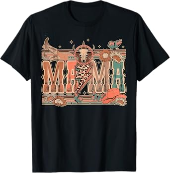 Mama Western Retro Groovy Cow Skull Country Rodeo Mother Day T-Shirt