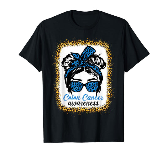 Messy bun Blue Colon Cancer Awareness Leopard Bleached T-Shirt