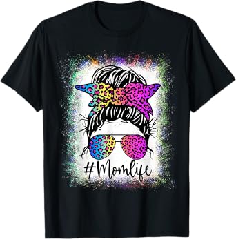Womens Mom Life Bleached Shirt Rainbow Leopard Messy Bun T-Shirt