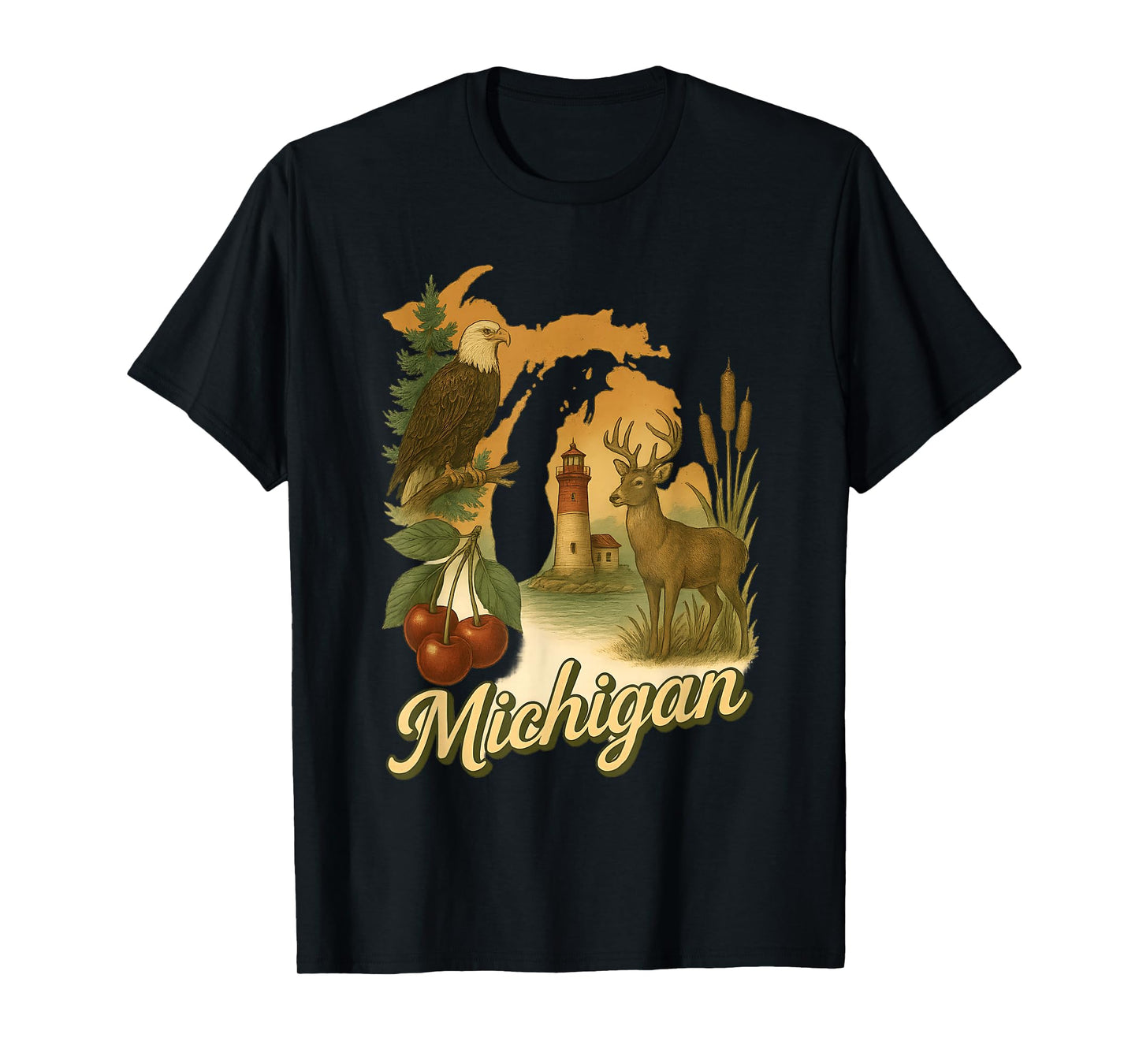 Michigan Nature Scene with Wildlife, Lighthouse Cherries T-Shirt