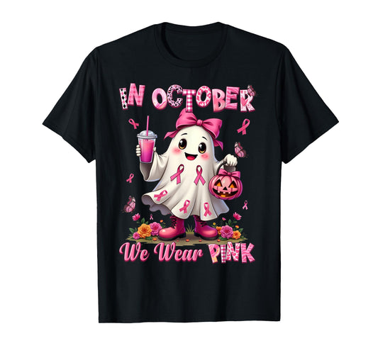 In October We Wear Pink Ghost Breast Cancer Awareness T-Shirt