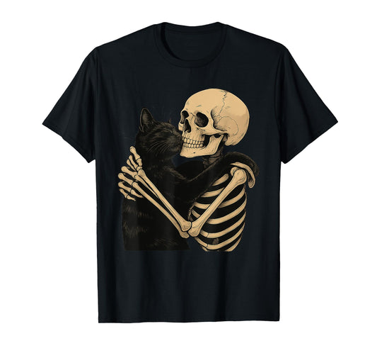 Skeleton Hugging Cat Halloween Cat Lover Cat Mom Dad T-Shirt