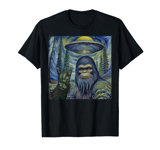 Bigfoot Starry Night Van Gogh Bigfoot Lover For Mom Dad Kids T-Shirt