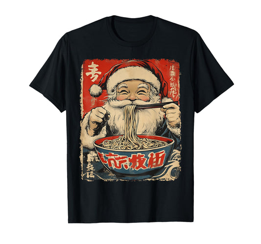 Santa Eating Ramen Noodles Ukiyo-e Inspired Christmas Pajama T-Shirt