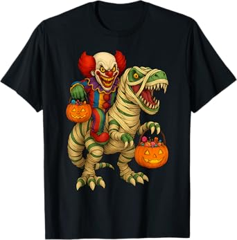 Clown Riding Mummy Dinosaur Creepy Clown Costume Halloween T-Shirt