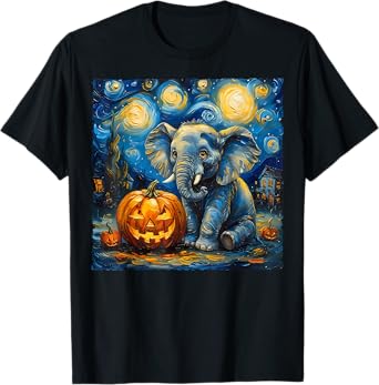 Elephant Pumpkin Van Gogh Starry Night Art Style Halloween T-Shirt