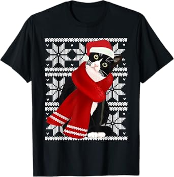 Ugly Christmas Black Cat Santa Hat Scarf Holiday Cute Men Women Kids T-Shirt